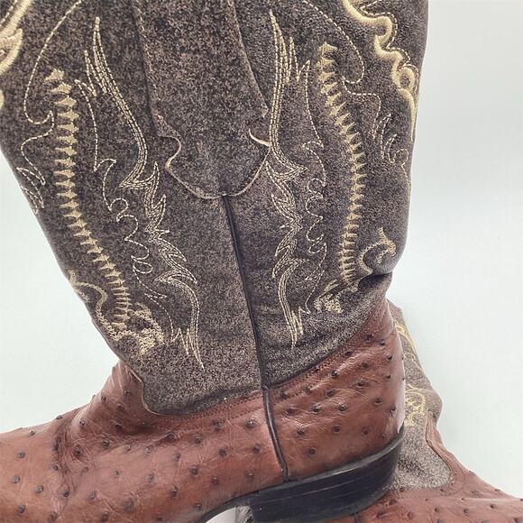 Men's Brown Ostrich Skin Western Boots Square Toe Mid-Calf - Picture 10 of 11